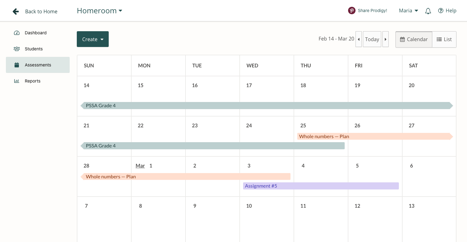 Assessments screen with featured Assessments in calendar within a Prodigy teacher account