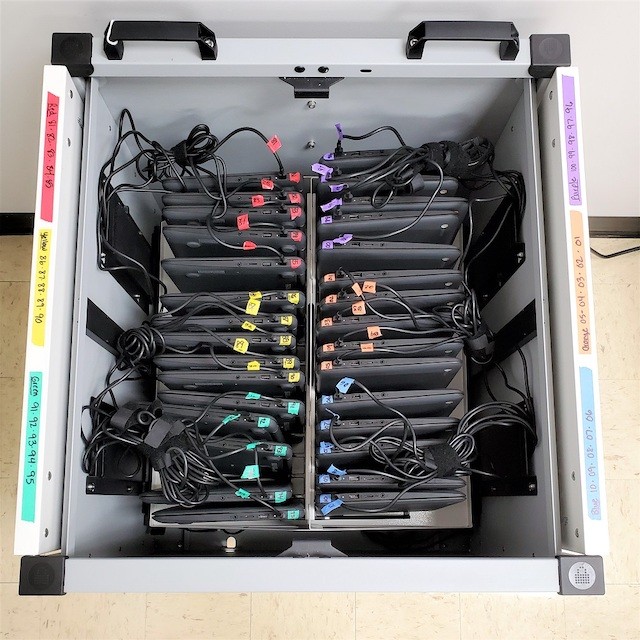 Bin with color-coded devices