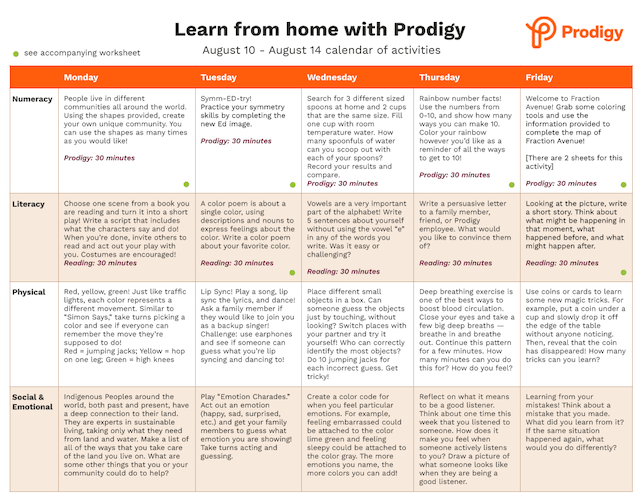 Example of Prodigy's printable calendar of activities