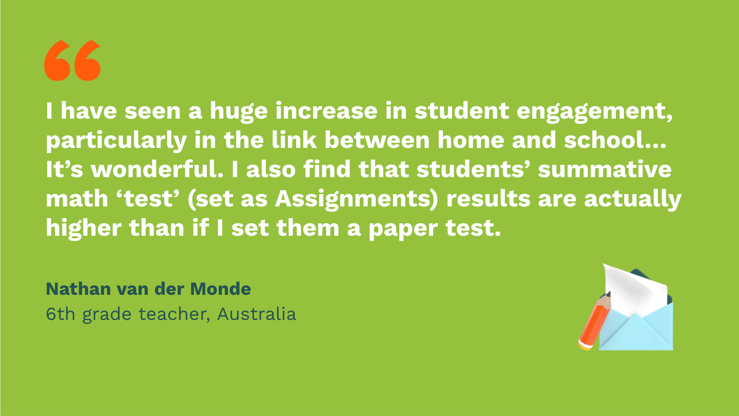 I have seen a huge increase in student engagement, particularly in the link between home and school… It's wonderful. I also find that students' summative math ‘test’ (set as Assignments) results are actually higher than if I set them a paper test. Nathan van der Monde, sixth Grade Teacher, Australia.