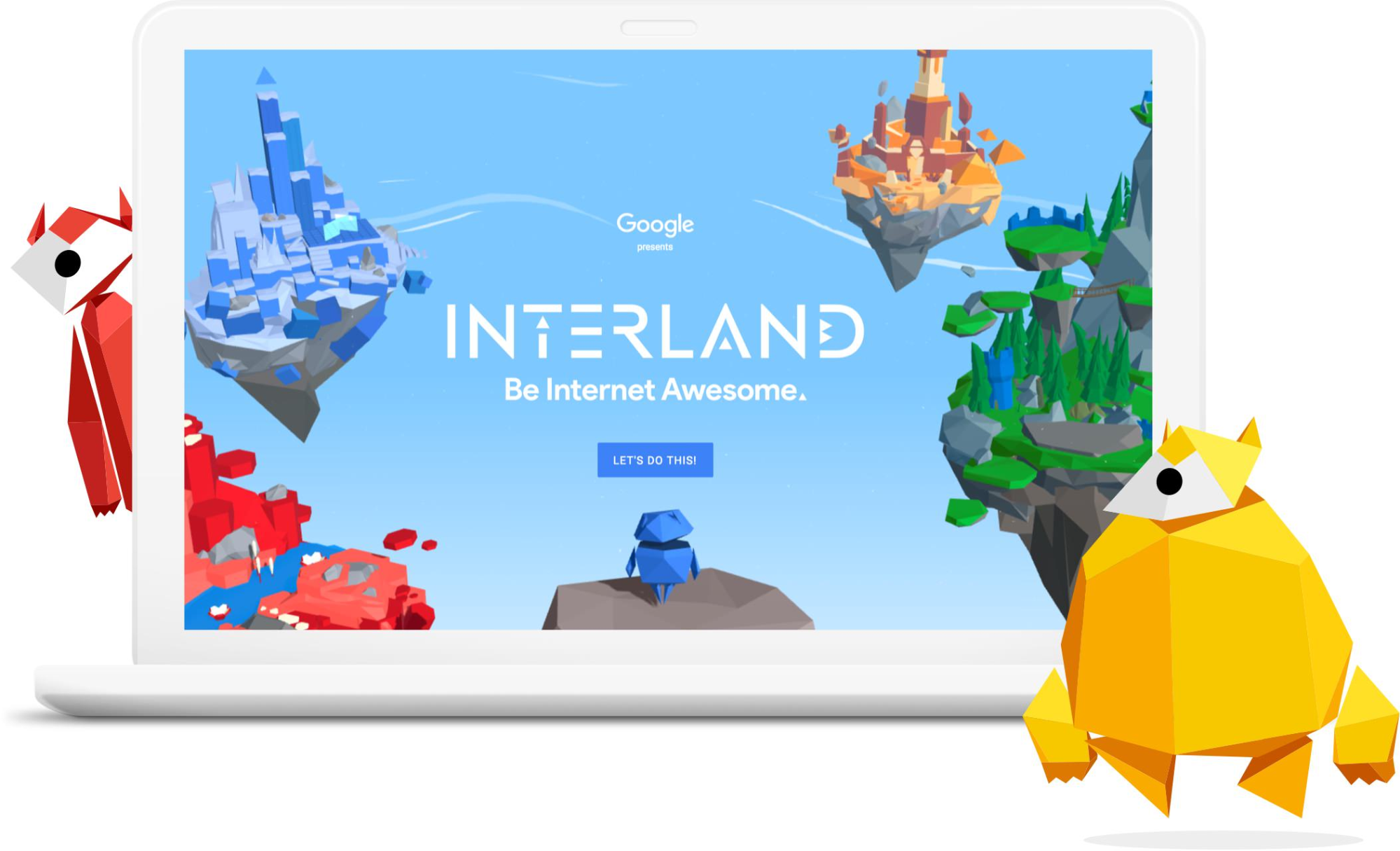 Computer with Google's "Be Internet Awesome" program on it, surrounded by cartoon characters.