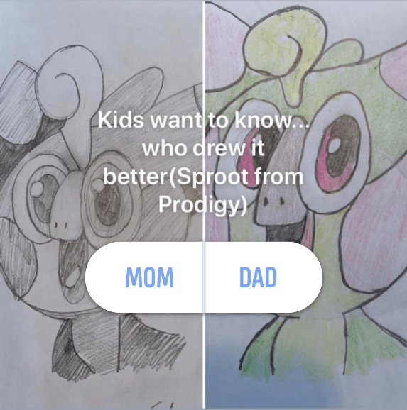Instagram poll showing two drawings of Prodigy character, Sproot