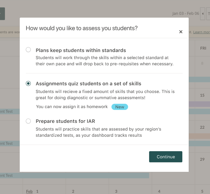 Assessment pop-up in Prodigy's teacher dashboard.