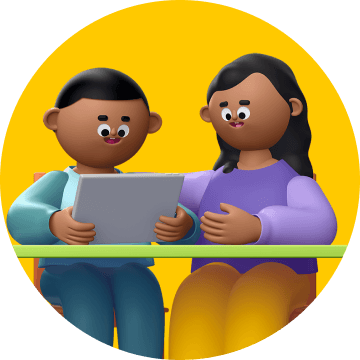 3D illustration of a teacher helping a student use Prodigy on a tablet at his desk