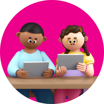 3D illustration of two students sitting at a desk, playing Prodigy on their tablets.