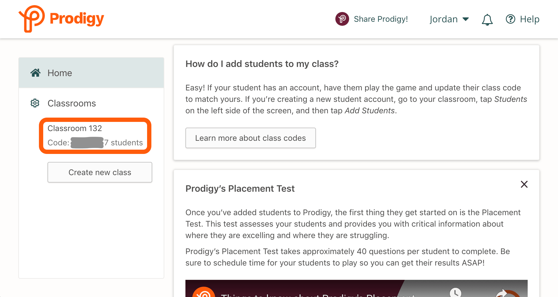 From your Prodigy teacher dashboard, this is where you select the classroom you want to create an assessment for.