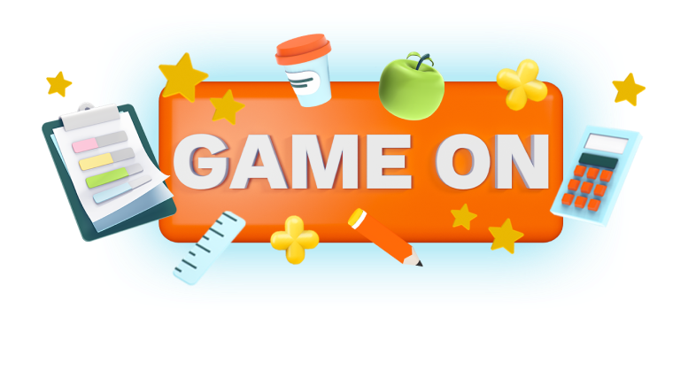 A big orange button that says game on surrounded by teacher-related items including a clipboard, apple, calculator, ruler, pencil, and coffee cup.