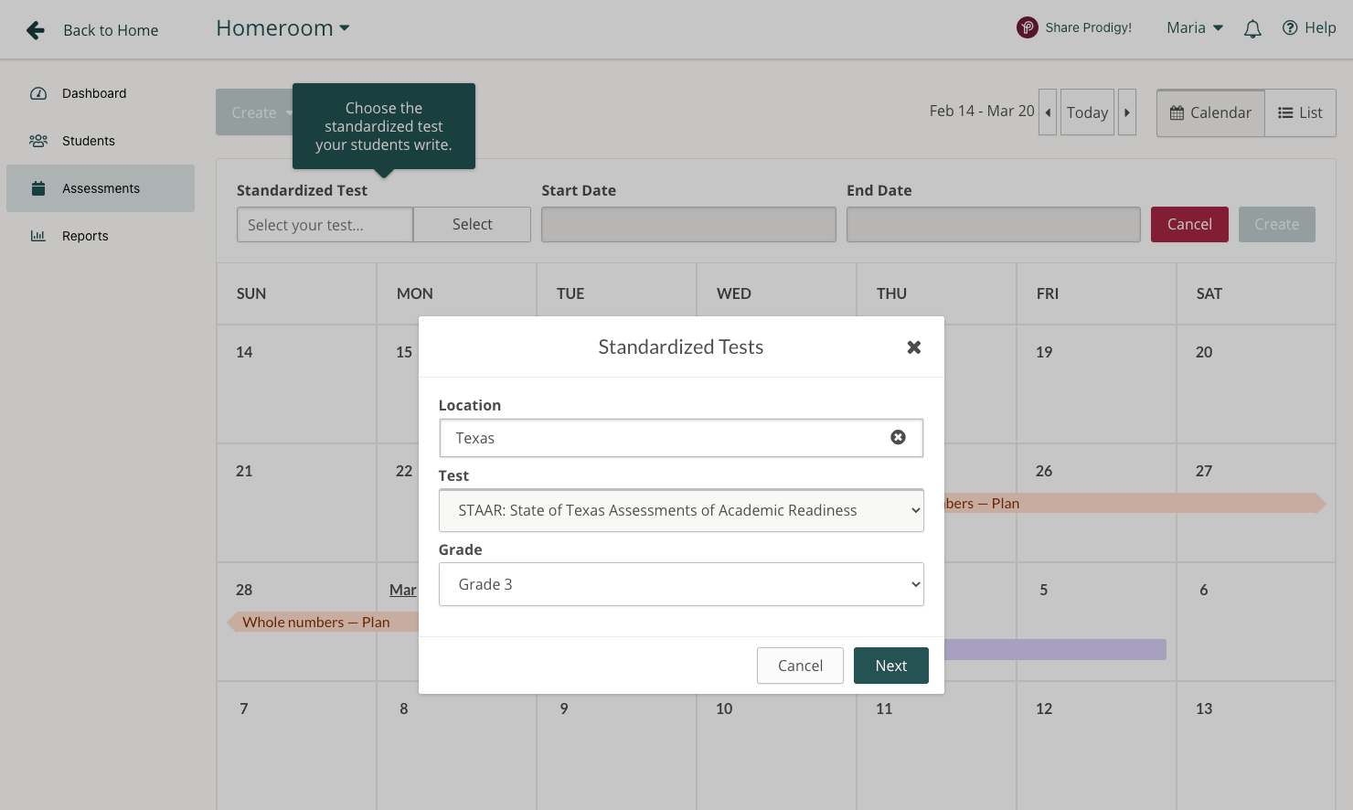 Screenshot of selecting the correct standardized test in the Prodigy teacher dashboard.