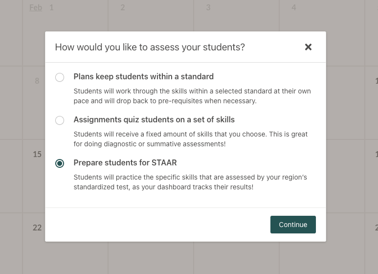 Screenshot of the Assessments selection pop up in the Prodigy teacher dashboard.