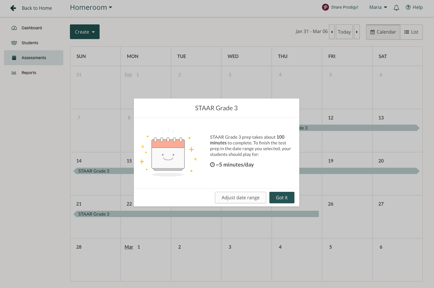 Screenshot of Prodigy's test prep tool in the Prodigy teacher dashboard.