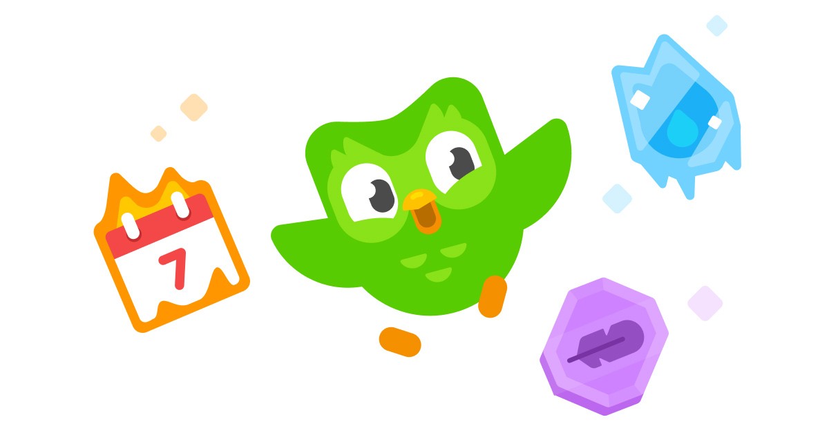 Duolingo mascot and icons.