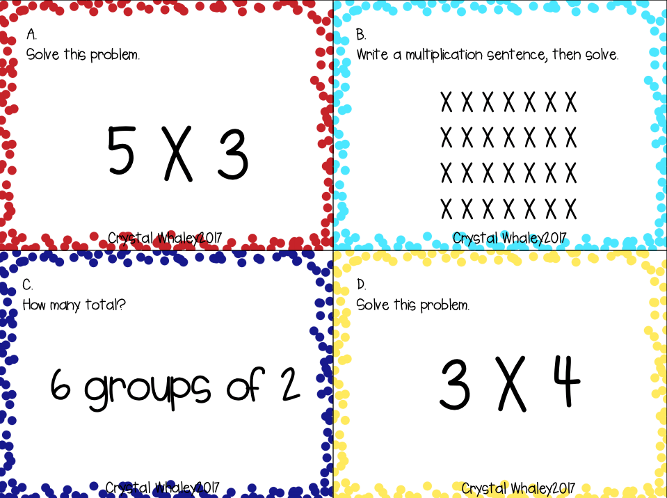 An example of multiplication scoot question cards from Teachers Pay Teachers.
