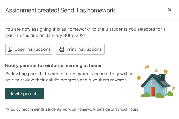 Screenshot of assignment creation step in Prodigy's teacher dashboard showing teachers the option to send an Assignment as homework.