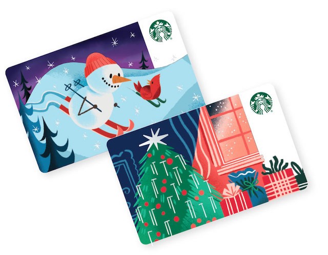 Two Starbucks holiday gift cards on white background.