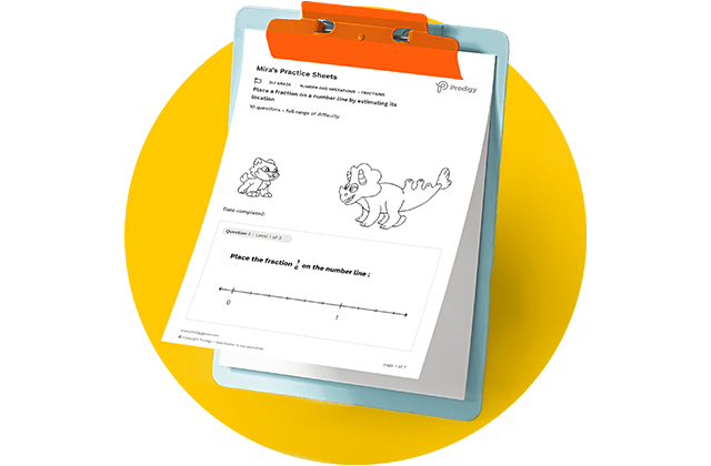 3D illustration of a clipboard with a Prodigy Practice Sheet on it, over a yellow circle background.
