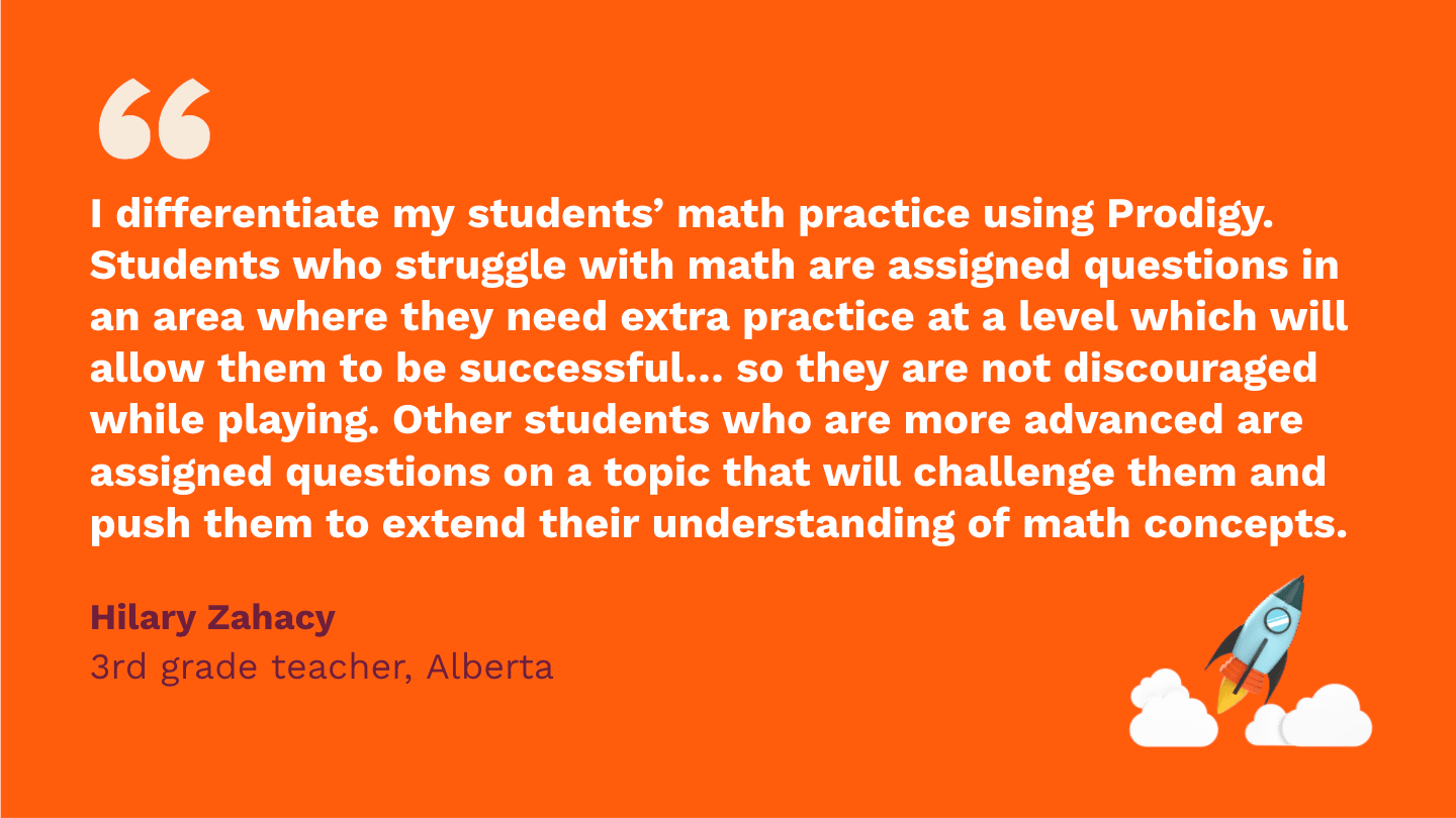 I differentiate my students’ math practice using Prodigy. Students who struggle with math are assigned questions in an area where they need extra practice at a level which will allow them to be successful in answering questions, so they are not discouraged while playing. Other students who are more advanced are assigned questions on a topic that will challenge them and push them to extend their understanding of math concepts. Hilary Zahacy, third Grade Teacher, Alberta.
