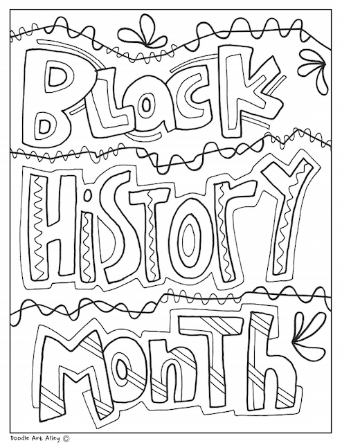 A coloring page that says "Black History Month" in block letters.