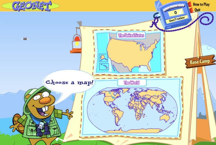 In-game screenshot of GeoNet, a geography game for kids.
