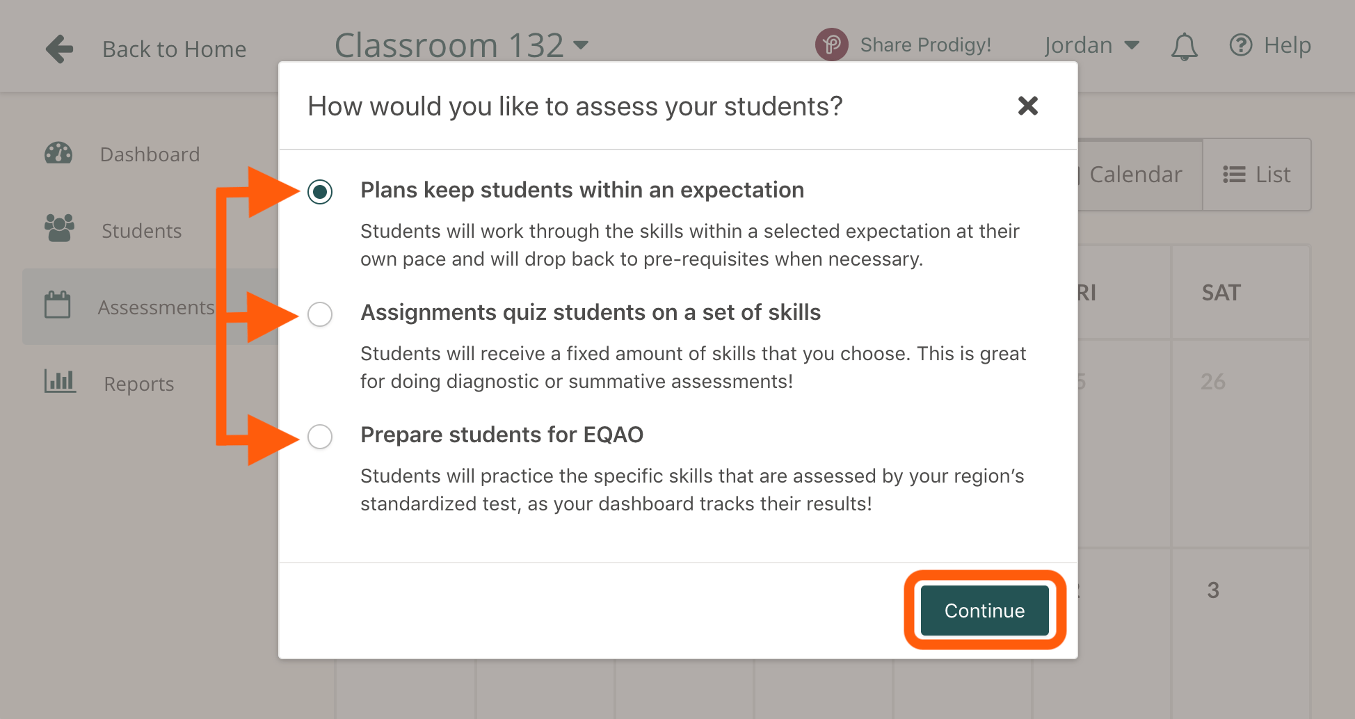 Screenshot of Assessments pop-up on Prodigy's teacher dashboard.