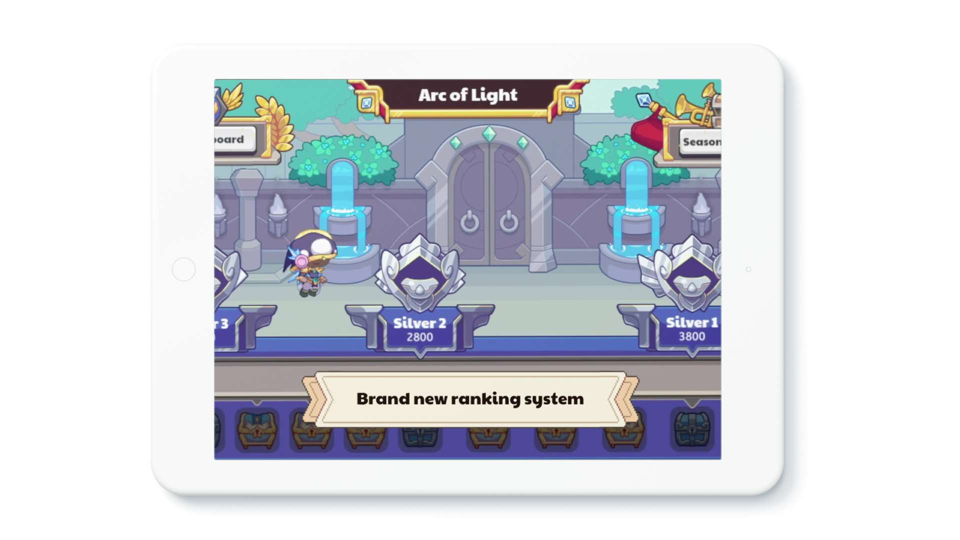 Tablet device showing in-game footage of the new Arena, with a banner that reads: "Brand new ranking system."
