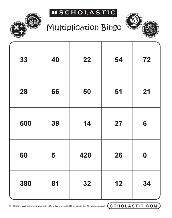 Example of a multiplication bingo printout.