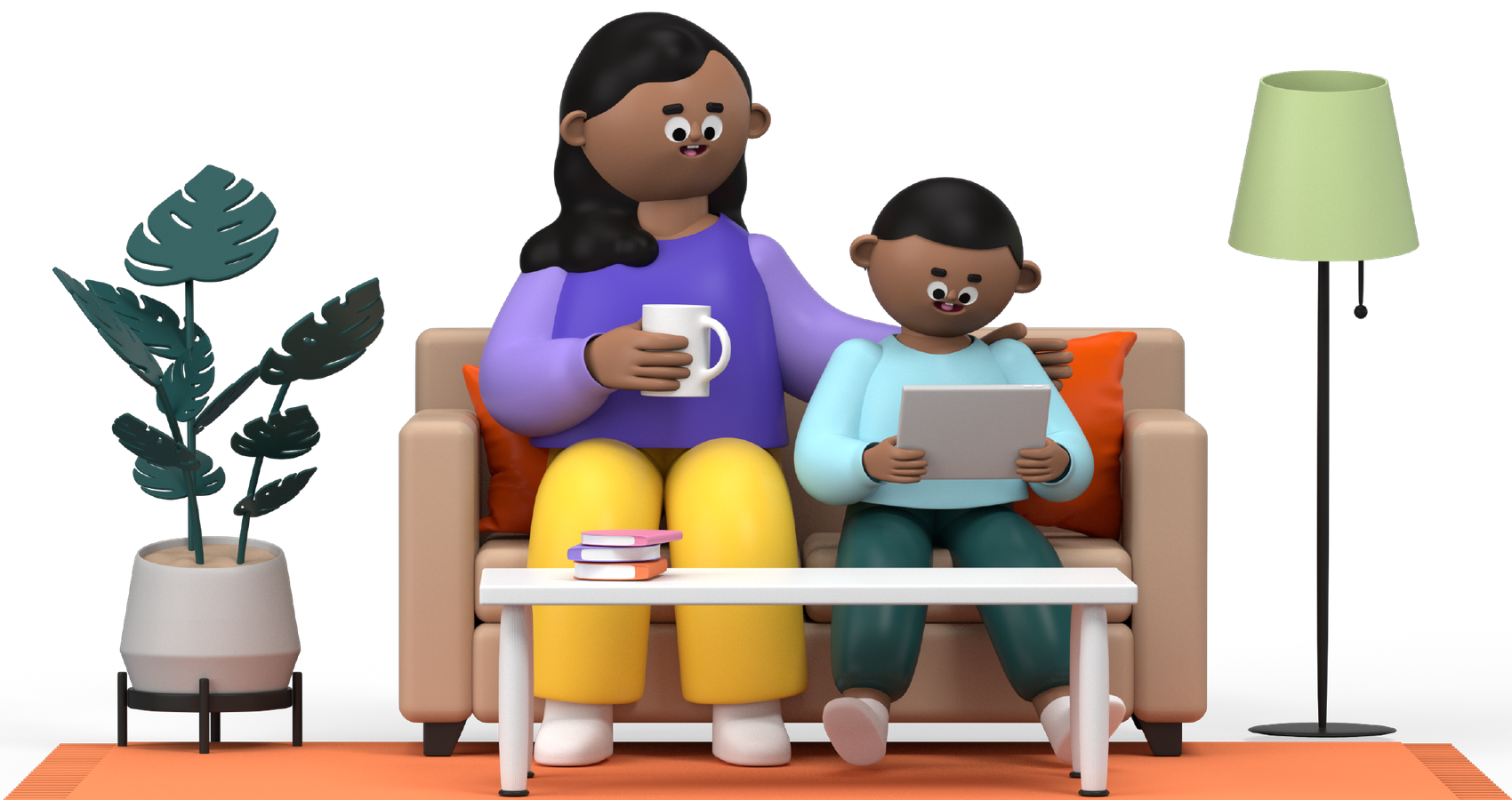 Animation of a mother and her son sitting on a couch using a tablet.