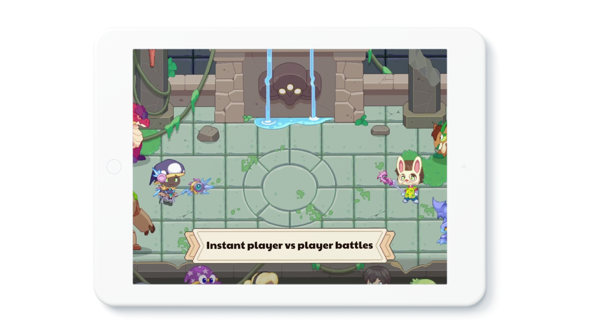 Tablet device showing in-game footage of the new Arena, with a banner that reads: "Instant player vs. player battles."