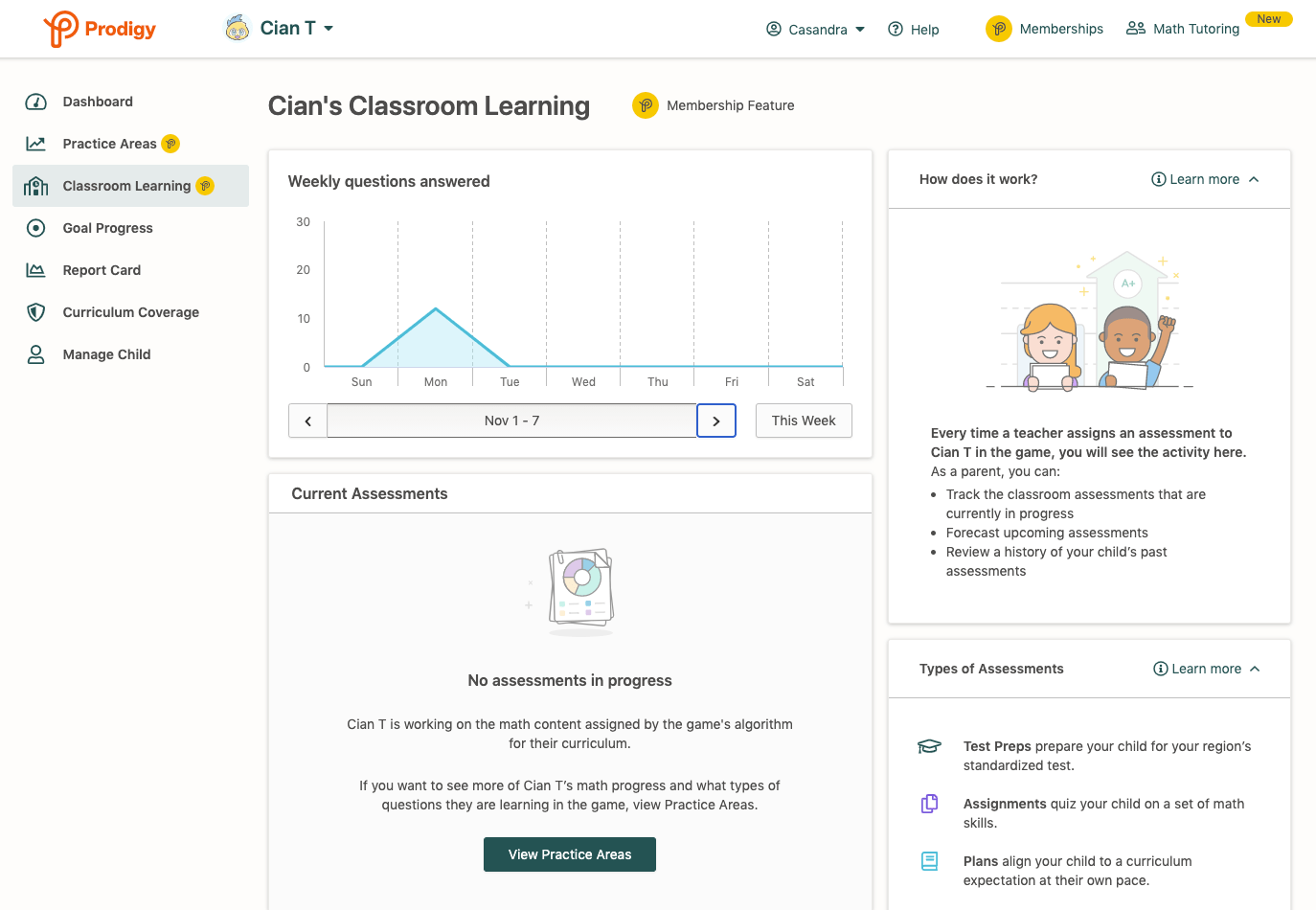 Screenshot of Prodigy's Classroom Learning feature in the parent dashboard.