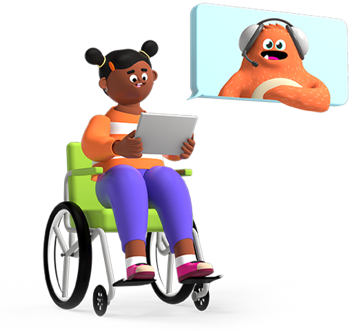 Girl sitting in a wheelchair and holding a tablet with an illustration of Ed above it
