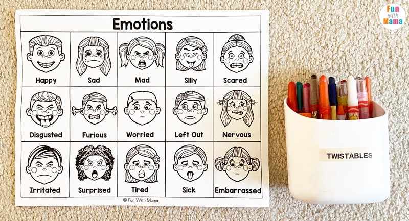 Printable emotions chart, including facial expressions with the name of each emotion written underneath