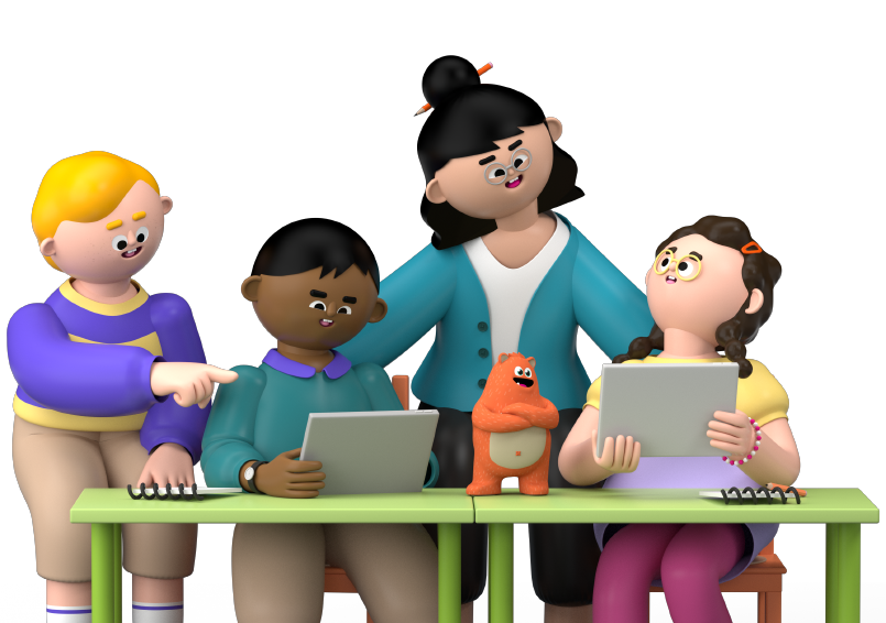 A teacher and Prodigy Education mascot, Ed, at a desk showing three students Prodigy's math curriculum on their tablets
