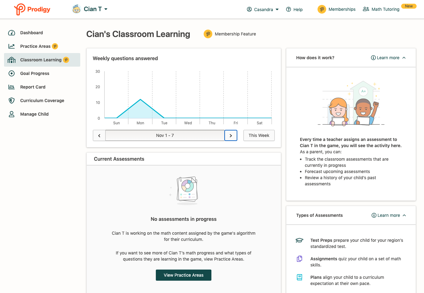 Screenshot of Classroom Learning feature on a Prodigy parent account