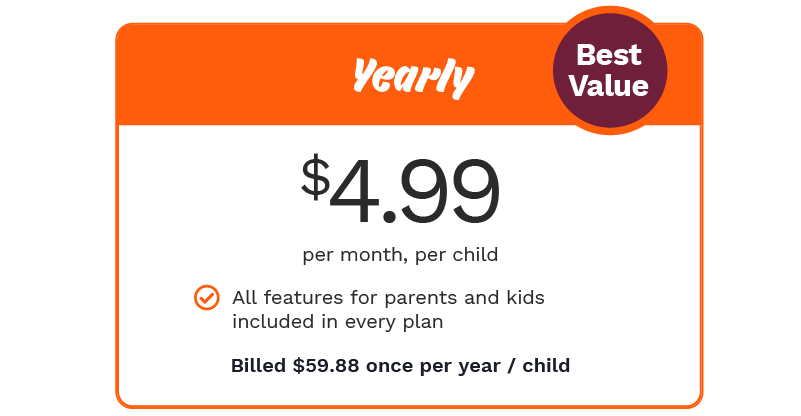 Screenshot of yearly Premium Membership offering, which offers the best value at $4.99 per month, per child