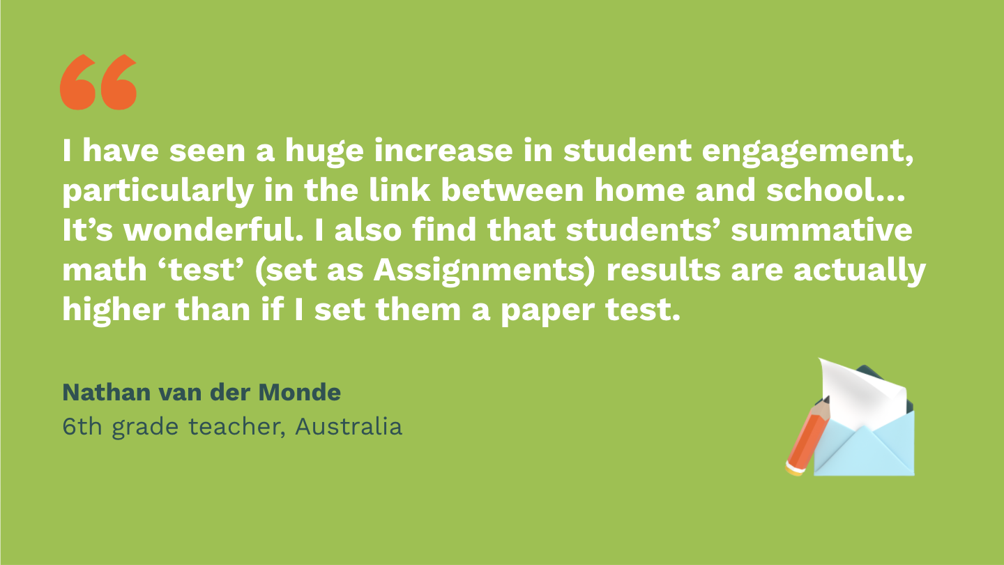 I have seen a huge increase in student engagement, particularly in the link between home and school… It's wonderful. I also find that students' summative math ‘test’ (set as Assignments) results are actually higher than if I set them a paper test. Nathan van der Monde, sixth Grade Teacher, Australia.