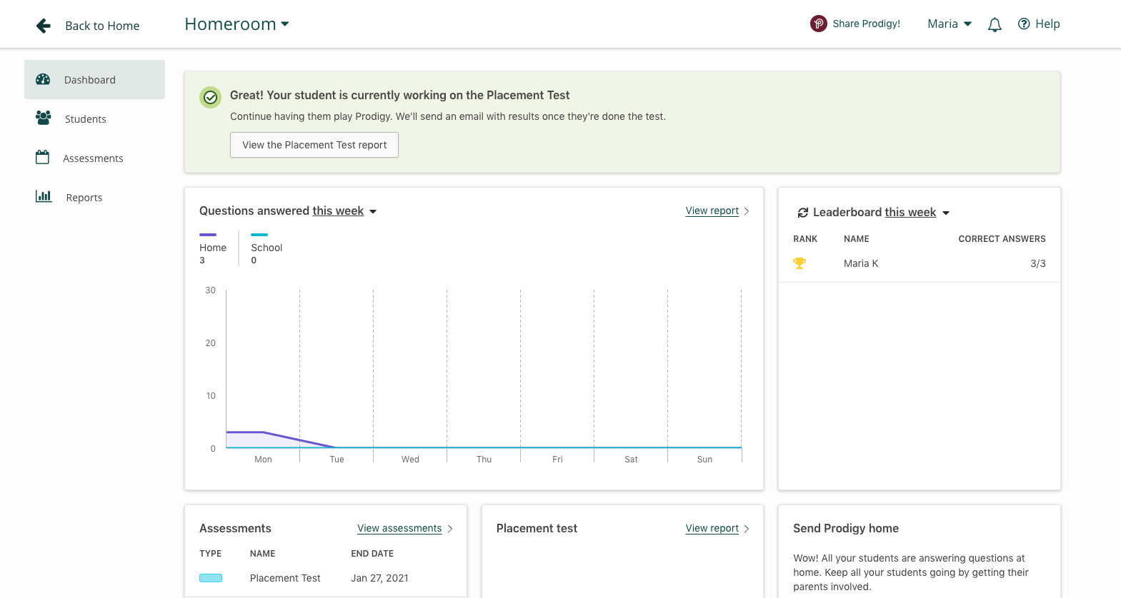 Prodigy's teacher dashboard.