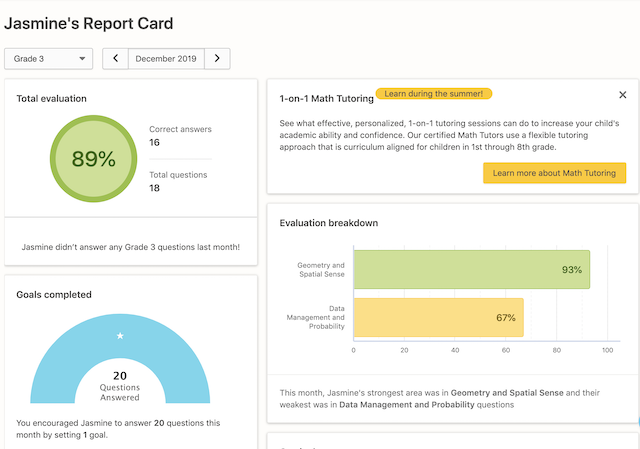 Screenshot of a monthly Report Card in a Prodigy parent account