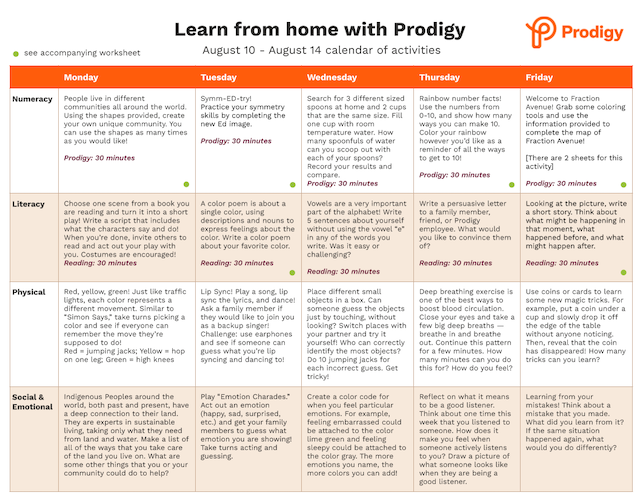 Example of Prodigy's printable calendar of activities