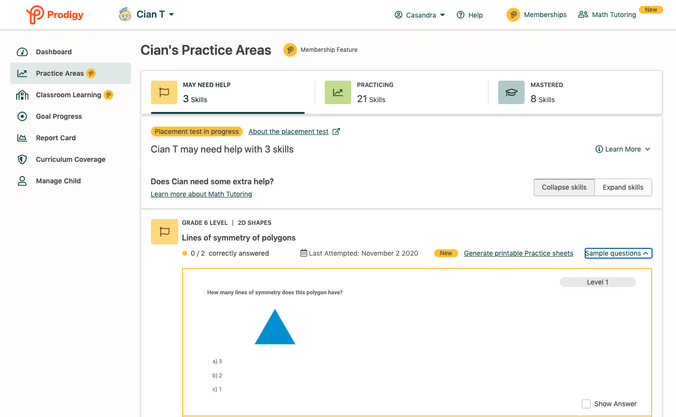 Screenshot of Prodigy's Practice Areas parent dashboard.
